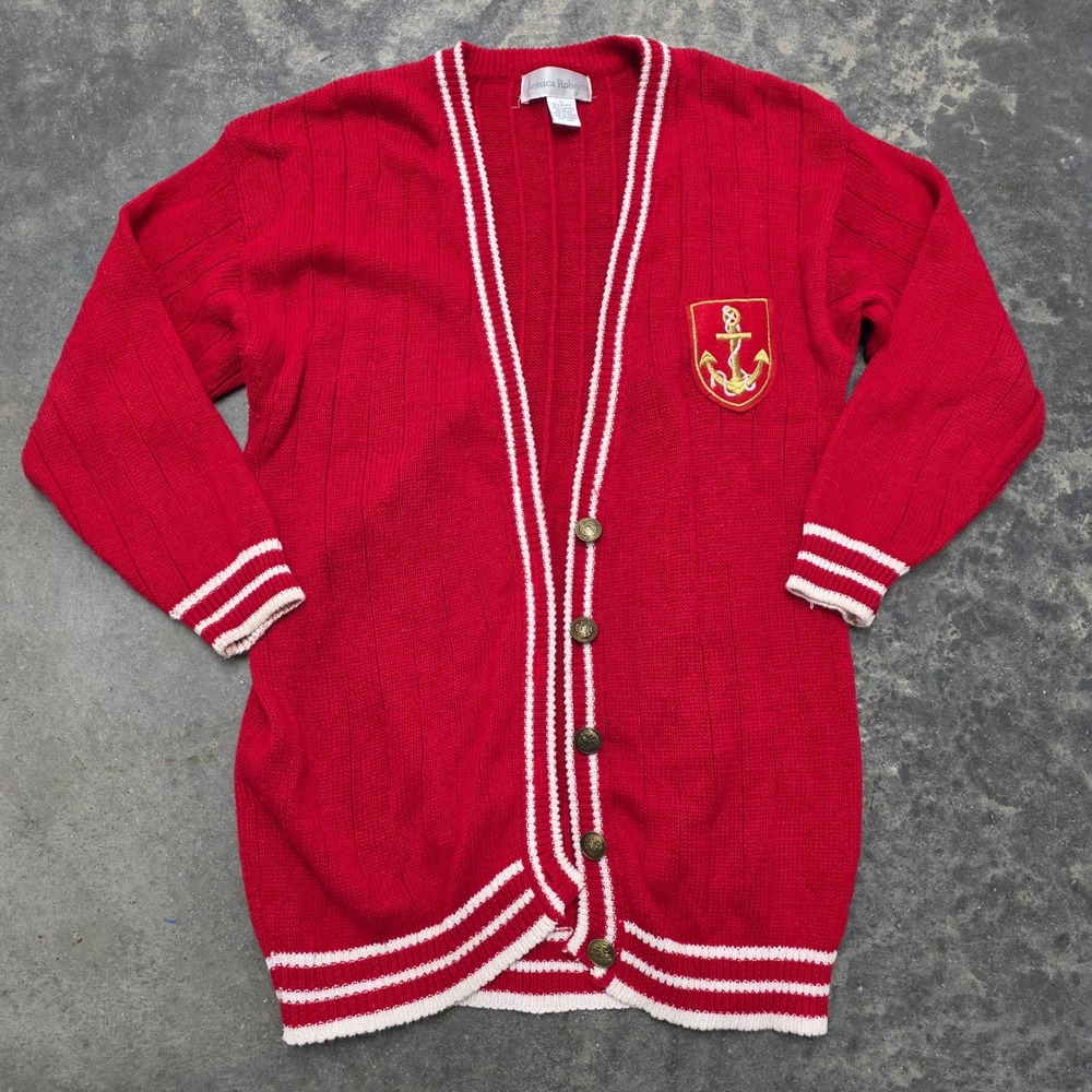 Vintage 90s‎ Jessica Roberts Womens Red Nautical Cardigan Long Sleeve Anchor L